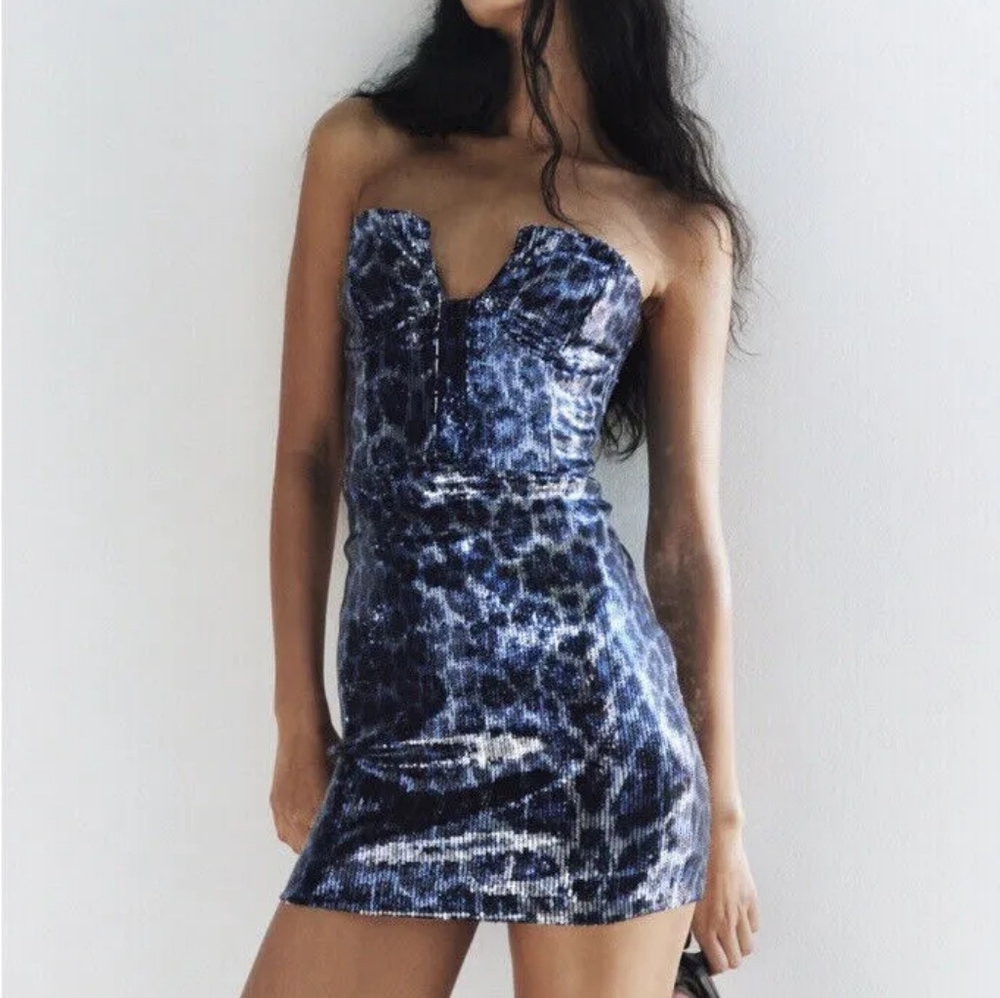 NWT Zara Blue Leopard Sequin Dress